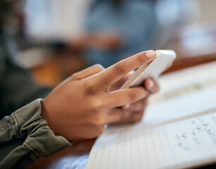 Poster - Hands, classroom and university with phone for research, reading message on mobile app at school. Student, college or social media with education or learning, scroll for news story with technology