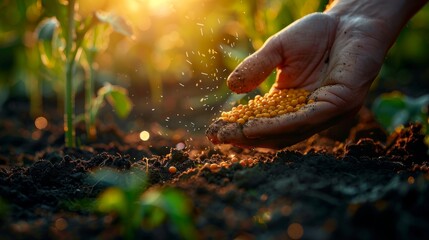 Canvas Print - Close-up of a hand gently sowing seeds into fertile soil, conceptually showcasing agriculture