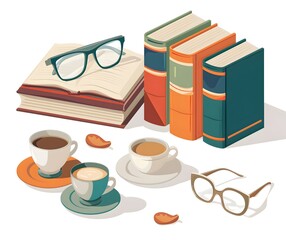 Pile of books with a coffee cup and glasses illustration on a white background, with a simple design, flat colors, no shadows, and high resolution as a vector graphic isolated on the white 