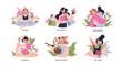 © Unaanya - Mental health and psychology concept set. Different treatment techniques and approaches. The girl does yoga and meditation, the girl eats, does hobbies and shopping.