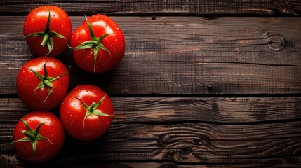 Wall Mural - Fresh ripe organic tomatoes on dark wooden surface with space for text