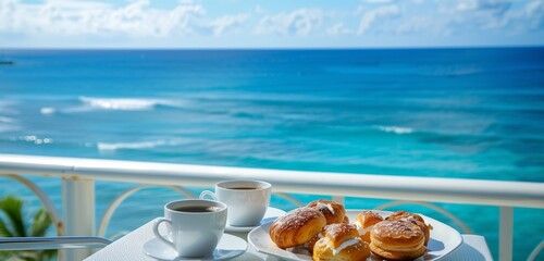 Wall Mural - A lavish breakfast spread in a hotel room with a panoramic view of the ocean.
