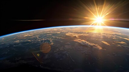 Poster - Stunning sunrise view from space highlighting Earth's horizon and atmosphere. Breathtaking representation of our planet and the beauty of nature concept. Ideal for space exploration and environmental 