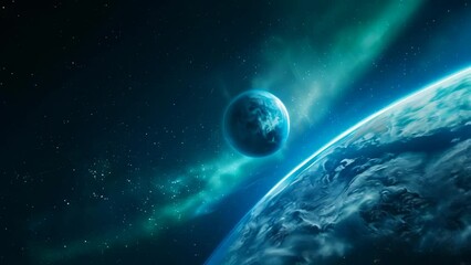 Poster - Beautiful view of Earth and the moon with the Northern Lights in the background. Stunning representation of our planet and celestial phenomena concept. Ideal for space exploration and astronomical the
