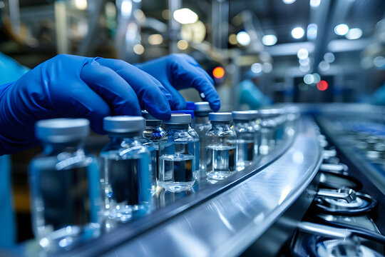 Medicine, vaccine concept, a hand wearing medical gloves is operating drugs on the assembly line