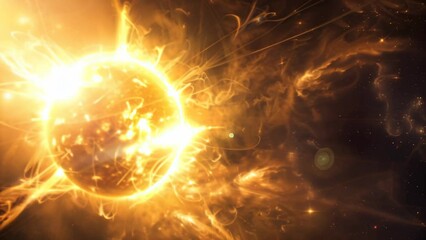 Poster - Dramatic image of the sun with intense solar flares and bright bursts of light. Powerful depiction of solar activity and astrophysical phenomena concept
