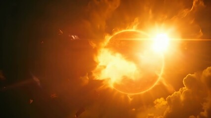Poster - Stunning image of a fiery sun with intense solar flares and bright bursts of light. Dramatic representation of solar activity and astrophysical phenomena concept. Ideal for space science and education