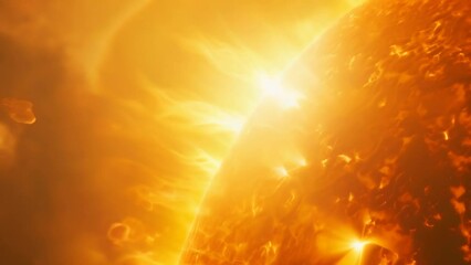 Poster - Dramatic close-up of the sun with intense solar flares and a crescent moon in the background. Vivid depiction of solar activity and cosmic phenomena concept. Ideal for space science and educational ma