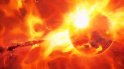 Poster - Dramatic image of the sun with intense solar flares and vibrant red cosmic background. Powerful depiction of solar activity and astrophysical phenomena concept. Ideal for space science and educational