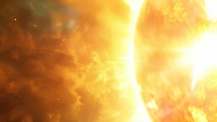 Poster - Bright close-up view of the sun with intense solar flares and radiant light. Vivid depiction of solar activity and astrophysical phenomena concept. Ideal for space science and educational purposes
