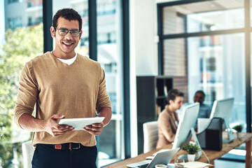 Aufkleber - Tablet, happy and portrait of man in office with leader, confidence and pride for career. Smile, manager and male graphic designer from Mexico with digital technology for research in workplace.