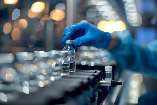 Medicine, vaccine concept, a hand wearing medical gloves is operating drugs on the assembly line