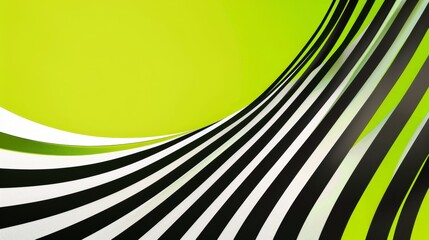 Wall Mural - Lime green background with bold, abstract black and white stripes curving across.