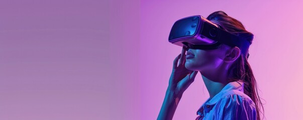 Wall Mural - Close-up of a young woman putting on futuristic VR glasses, bathed in vibrant pink and blue neon lights.