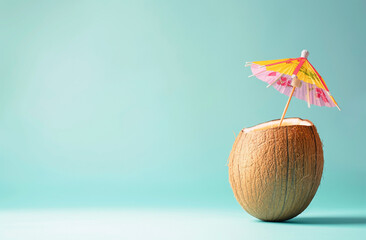 Wall Mural - Half coconut with a pink- yellow umbrella on a blue background. A minimal and tropical summer concept.
