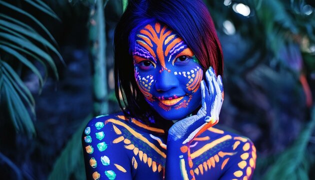 woman in dress wallpaper native american indian mask, portrait of a person with painted face, Portrait of woman with ethnic pattern, neon makeup in ultraviolet light. Body Art design of female posing 