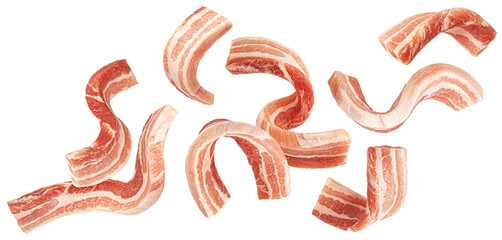 Wall Mural - Falling raw pork belly slices isolated on white background, full depth of field