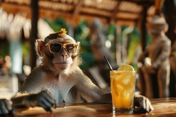 Poster - Cute monkey in sunglasses sits happily with a glass of juice in a cafe, concept of summer holidays, tourism, banner with copyspace
