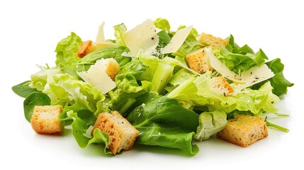 A classic Caesar salad with crisp romaine, parmesan shavings, and croutons, isolated on a white background, captured with studio lighting for freshness