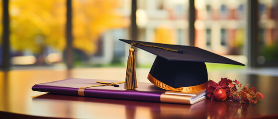 A black cap and tassel sits on top of a purple graduation certificate