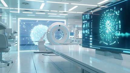 Leinwandbilder - A sterile and modern medical laboratory featuring a high-tech scanner displaying patient data on a large screen, showcasing the use of AI in advanced medical diagnostics. Generative AI