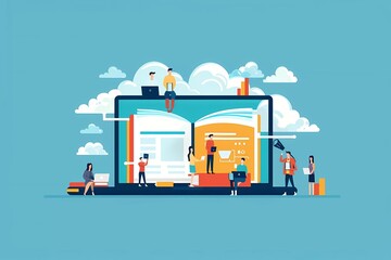 vector illustration of digital book, laptop and people on books with cloud technology vector concept background for online learning website or app design 