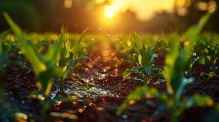 Canvas Print - Corn plants in an agricultural field against the backdrop of a sunset