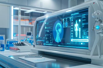 Poster - A high-tech scanner displays patient data on a large screen in a clean and professional medical laboratory. Generative AI