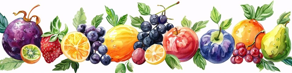 Assorted Fruit Composition with Leaves on White Background