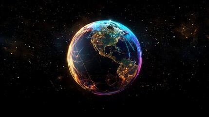 Poster - A glowing, digital rendering of Earth with lines connecting cities and continents.