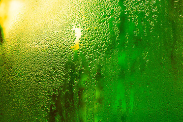 Wall Mural - wet glass with water drops. green background.