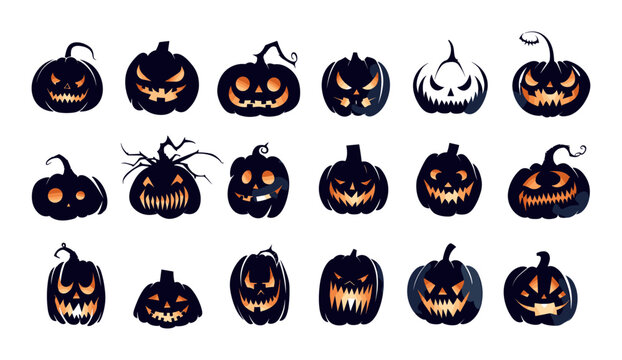 Spooky creepy set of Halloween scary pumpkins cut, eerie carved pumpkins, Halloween pumpkin decorations, creepy jack-o'-lantern designs