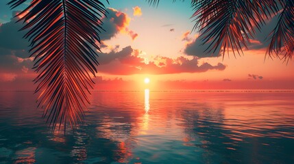 Sticker - A beautiful sunset over the ocean with palm leaves in the foreground, creating an exotic and romantic atmosphere.