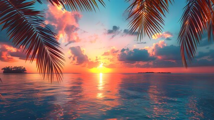 Sticker - A beautiful sunset over the ocean with palm leaves in the foreground, creating an exotic and romantic atmosphere.