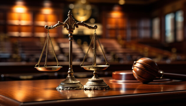A pair of scales sits on a table with a gavel and a ball