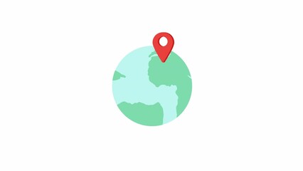 Poster - Earth globe with map pin 2D object animation. Marking country on world map for travelling flat cartoon 4K video, transparent alpha channel. Journey abroad animated element on white background