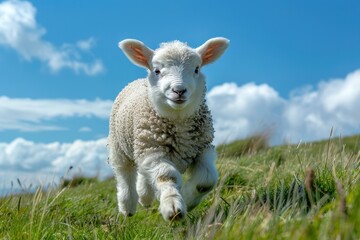 Baby Lamb: A fluffy white lamb, frolicking in a green pasture under a bright blue sky. 