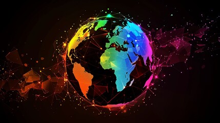 Poster - a digital rendering of earth with a rainbow color scheme and glowing lines connecting different poin