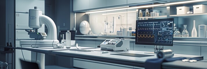 Aufkleber - A clean and professional medical laboratory with a high-tech scanner analyzing patient data on a large screen. Advanced medical equipment and AI technology are present. Generative AI
