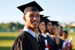 © Hira/peopleimages.com - Happy black man, smile and graduation class with group at ceremony for education, qualification or future. Portrait of person or scholar with students for diploma, certificate or degree on campus