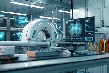 Leinwandbilder - A sterile and modern medical laboratory featuring a high-tech scanner displaying patient data on a large screen, showcasing the use of AI in advanced medical diagnostics. Generative AI