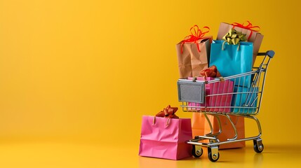 Poster - A shopping cart filled with gift bags and boxes.