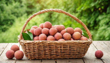 Wall Mural - A basket filled with lychee is placed on top of a wooden table, showing the harvest of fresh produce. Healthy food, summer fruits. Design for banner, poster with copy space. Farm products.