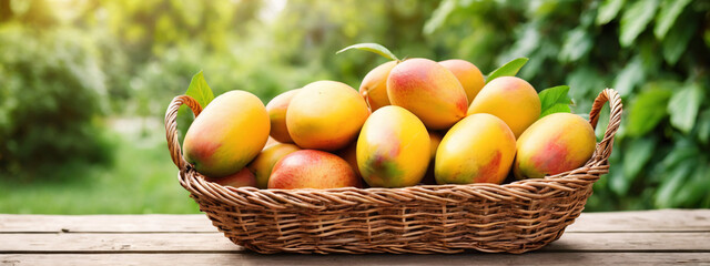 Wall Mural - A basket filled with mango is placed on top of a wooden table, showing the harvest of fresh produce. Healthy food, summer fruits. Design for banner, poster with copy space. Farm products.