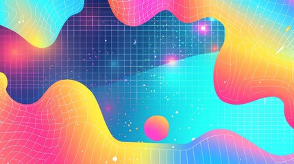 Poster - Abstract digital art background with bright colors, flowing lines and grid.