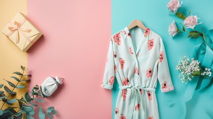 Wall Mural - Flat lay composition with beautiful pajamas on color background