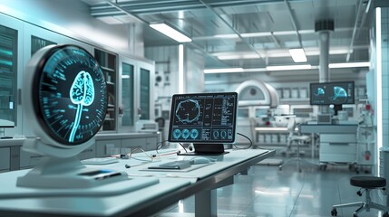 Leinwandbilder - A sterile and technologically advanced medical laboratory showcasing AI-powered diagnostic tools, including a high-tech scanner analyzing patient data on a large screen. Generative AI