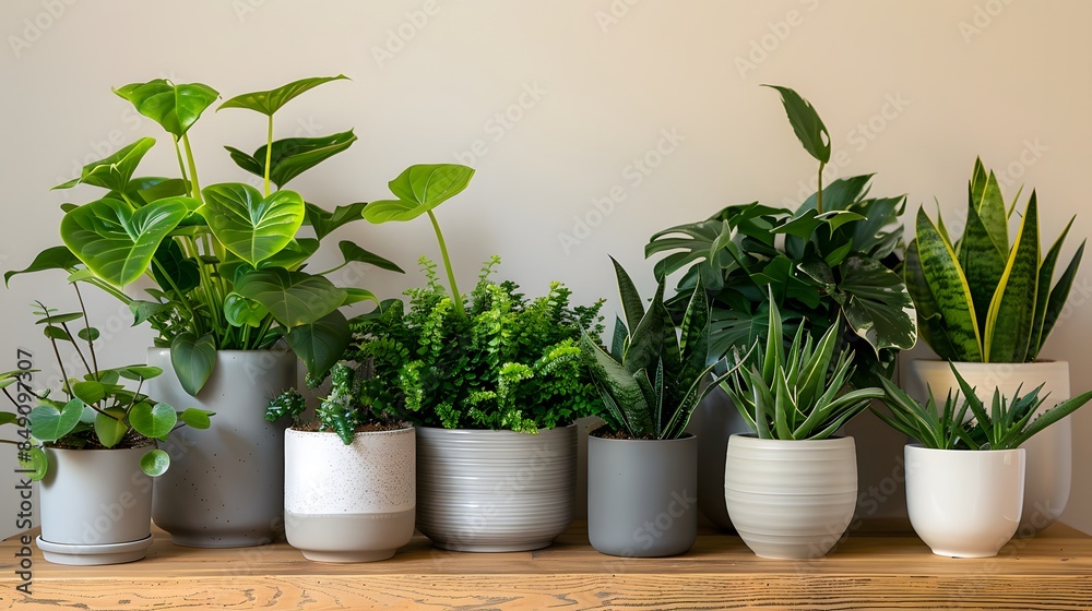 A variety of potted plants were arranged on an indoor shelf, including ...