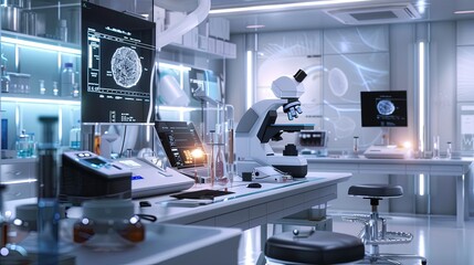 Leinwandbilder - A sterile, professional medical laboratory equipped with advanced technology and AI-powered diagnostic tools, including a large screen displaying patient data. Generative AI