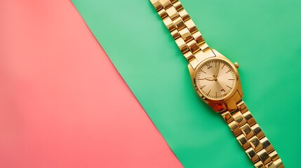 Wall Mural - Golden bracelet with wrist watch on green and pink background